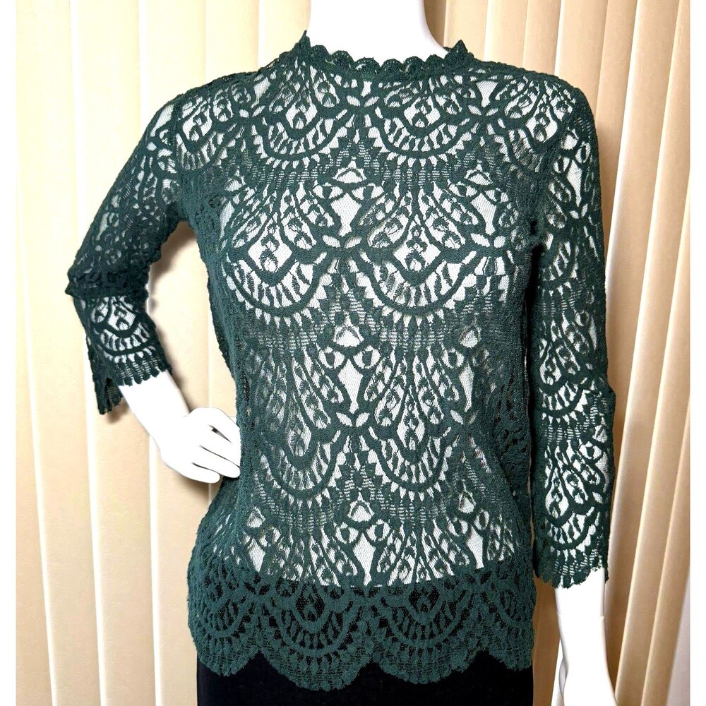 Zara Basic Collection Green Lace Blouse Size Small Sheer Scalloped Top